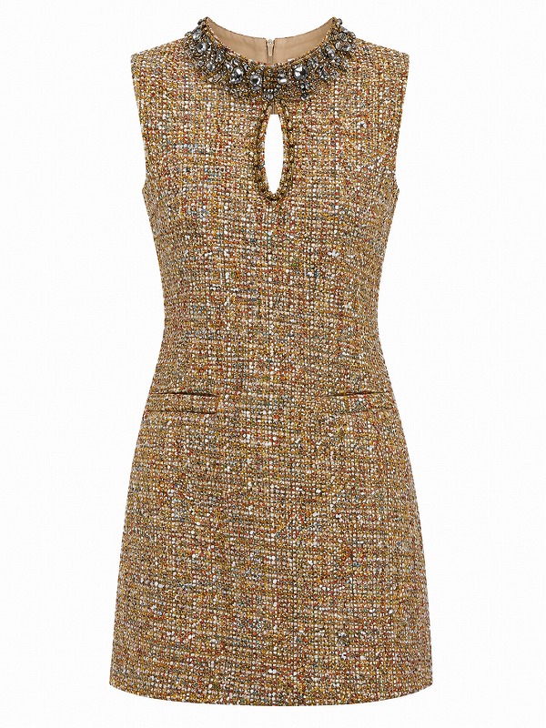 【新品DRESS 1989】ミックスツイードネックビジューバストカットタイトミニドレス ブラウンゴールド Mサイズ【Four seasons】